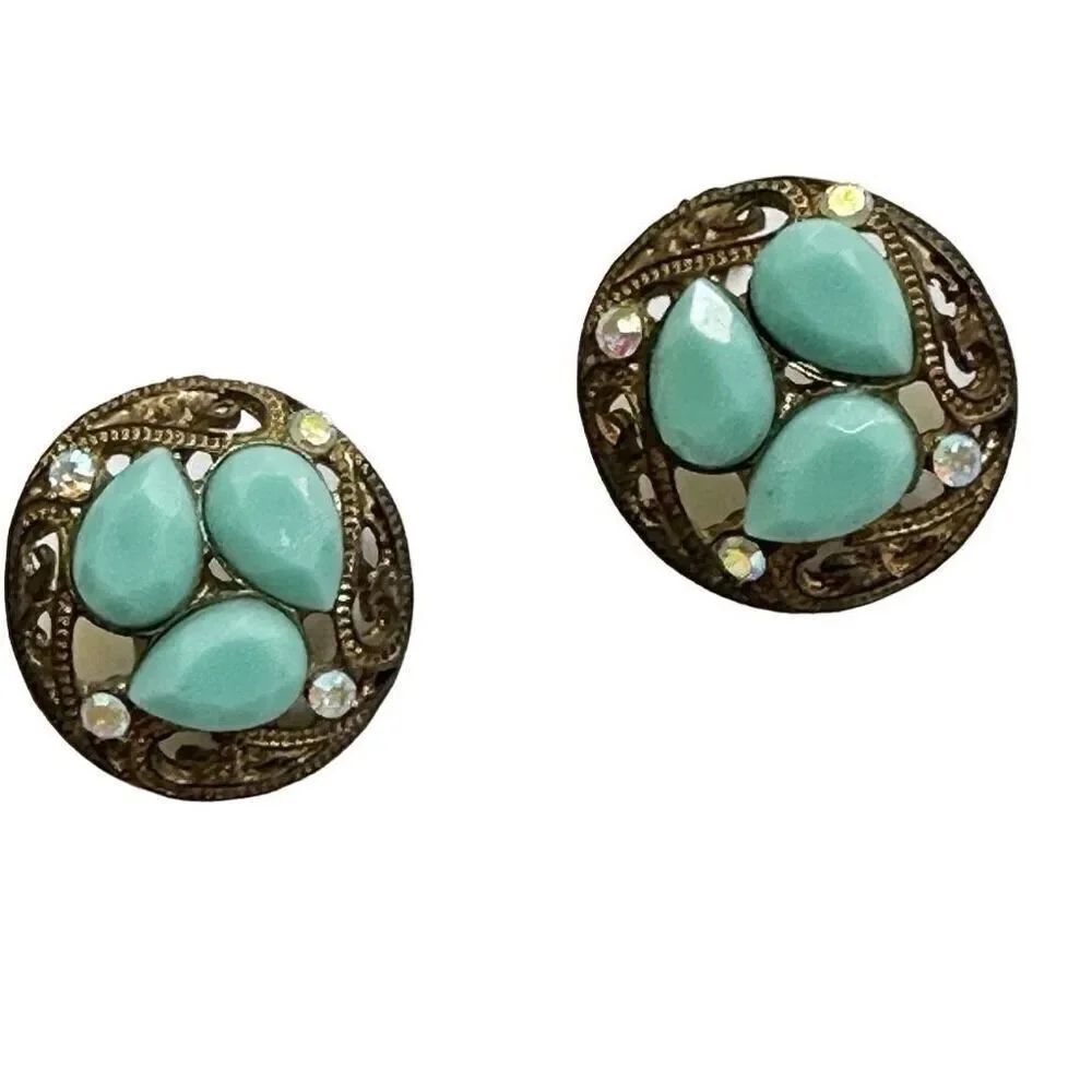 Turquoise blue and gold tone round post earrings